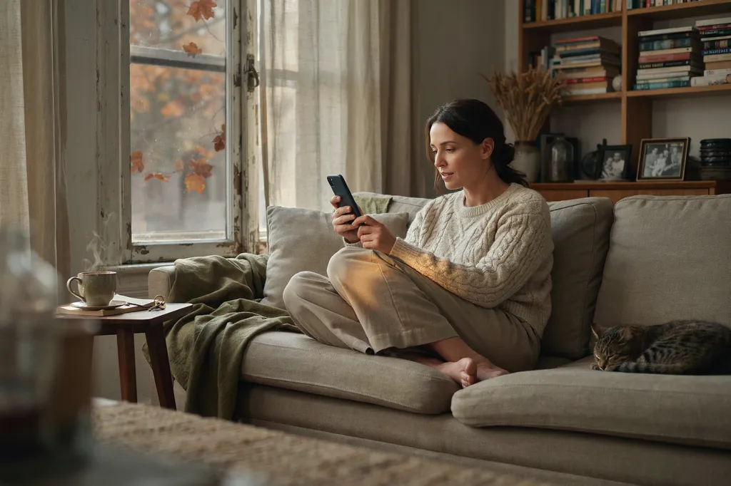 A woman on her living room sofa asking her phone for a recommendation, a cup of tea beside her