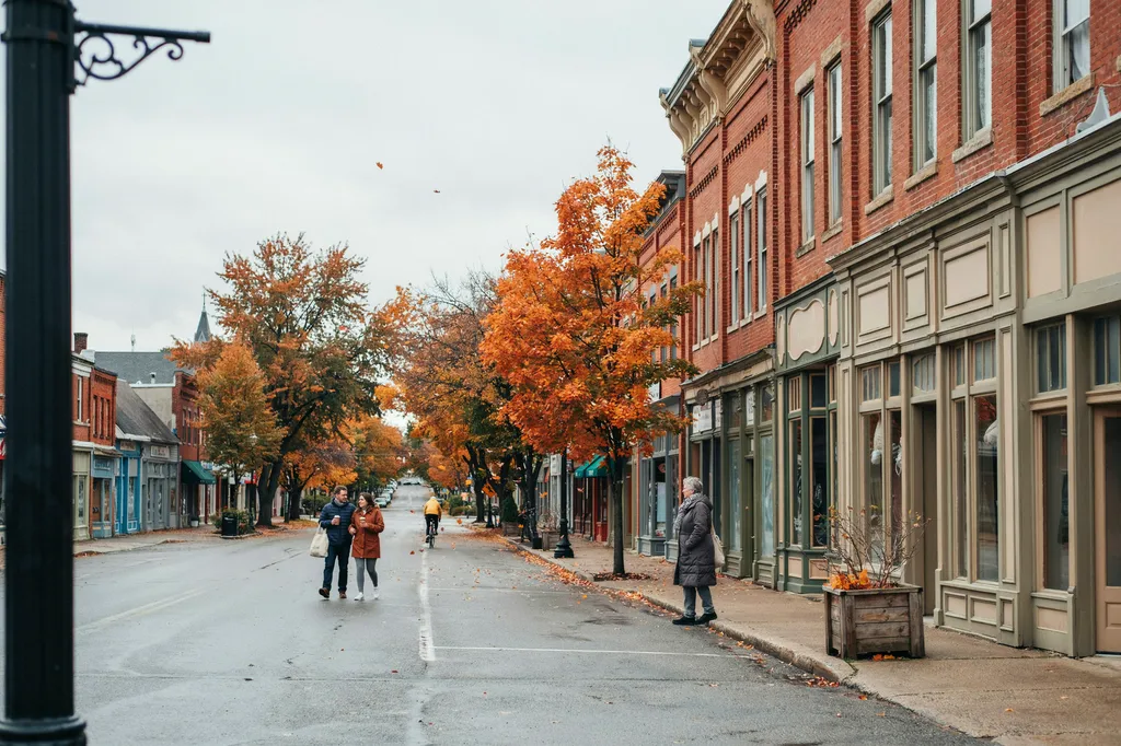 A small-town Ontario main street in autumn, with red-brick storefronts and people walking